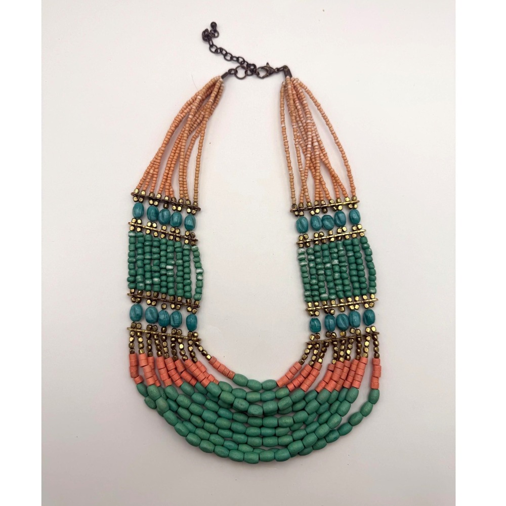 Boho Multi Strand Wood Seed Bead Bib Statement Necklace Turquoise Coral Bronze